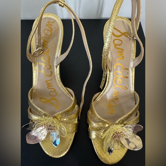 NEW IN BOX Sam Edelman Gold Heels with Floral Accent Size 6.5 Delicate - Picture 7 of 13